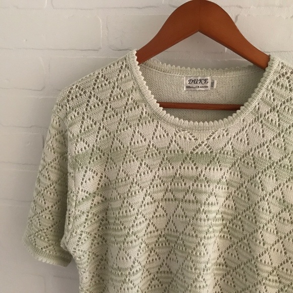 Vintage Knit Sweater Tee Short sleeve Mineral Green cream lined Plus Size XXL - Picture 7 of 10